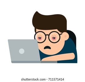 Tired suffering young man with red eyes working with laptop computer..Vector modern flat style cartoon character illustration. Isolated on white background.Hard work,studying concept