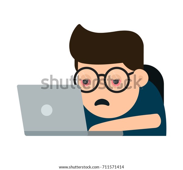 赤い目をした若い男性が ノートパソコンを使って作業し 疲れを感じています ベクターモダンな平らなスタイルの漫画のキャラクターイラスト 白い背景に分離型 ハードワーク コンセプトの学習 のベクター画像素材 ロイヤリティフリー