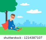 tired super hero sitting under tree in the park