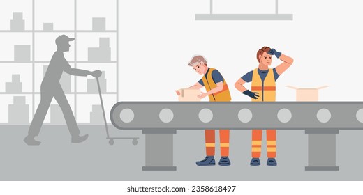 Tired sweating factory workers in uniform working on conveyor line flat vector illustration