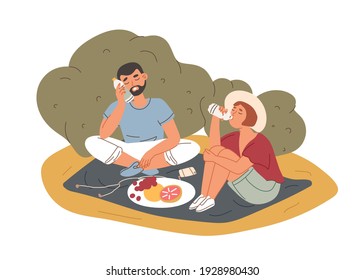 Tired thirsty people drinking cooling water on picnic in hot summer. Feeling of thirst and dehydration in heat and high air temperature. Colored flat vector illustration isolated on white background