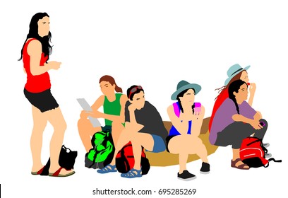 Tired tourist girls traveler rest and waiting taxi to hostel, vector illustration isolated white background. World traveler. Women passengers group with backpack waiting  bus for airport. Sport team.