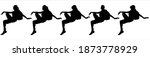 Tired tourist sat down. Girl with a backpack on her back. Woman sits on the slope of the mountain. Climber at the campsite. Hiking. Climbing. Five black female silhouettes are isolated on a white.