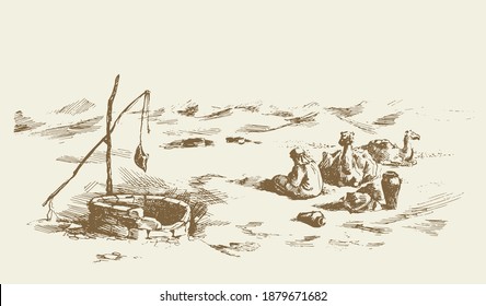 Tired trip old historic biblic nomad seat in barren hot wild Asian Oman ground. Line hand drawn berber scene sketch. Antique graphic art style ink pen on paper. Scenic up view text space on white sky