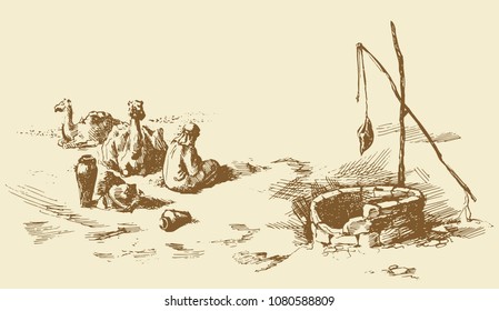 Tired trip old historic biblical nomad seat in barren hot wild asian Oman ground. Line hand drawn berber scene sketch in antique style ink pen on paper. Scenic up view and space for text on white sky 