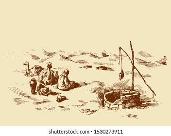 Tired trip old historic biblical nomad seat in barren hot wild asian Oman ground. Line hand drawn berber scene sketch in antique style ink pen on paper. Scenic up view and space for text on white sky