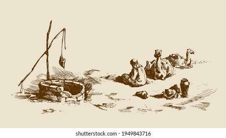 Tired trip old historic biblical nomad seat in barren hot wild asian Oman ground. Line hand drawn berber scene sketch in antique style ink pen on paper. Scenic up view and space for text on white sky