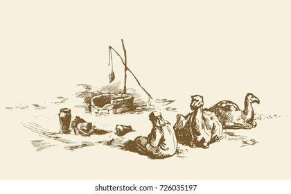 Tired trip old historic biblical nomad seat in barren hot wild asian Oman ground. hand drawn picture scene sketch in antique style ink pen on paper. Scenic up view and space for text on sky background