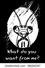 Tired unhappy mantis. T-shirt design. Vector illustration.