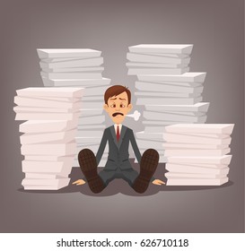 Tired unhappy office worker man character sitting among paper documents. Hard work. Vector flat cartoon illustration