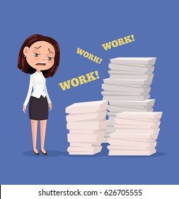 Tired unhappy office worker woman character. Hard work. Vector flat cartoon illustration