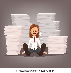 Tired unhappy office worker woman character sitting among paper documents. Hard work. Vector flat cartoon illustration