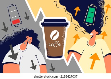 Tired unhappy and smiling energetic woman before and after coffee. Effect of caffeine on human body. Vector illustration. 