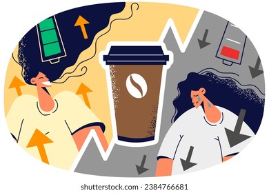 Tired unhappy and smiling energetic woman before and after coffee. Effect of caffeine on human body. Vector illustration.