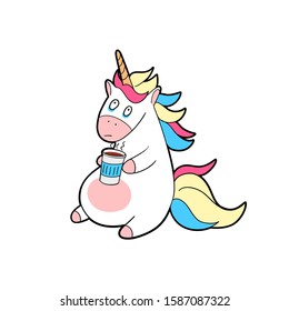 Tired unicorn with a cup of coffee in his hands. Unicorn with coffee isolated vector icon. Fantasy horse sticker, patch badge, doodle style.