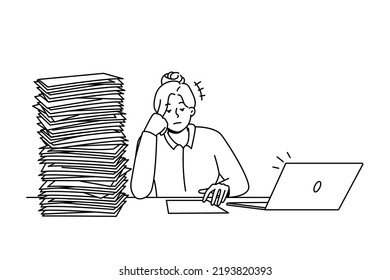 Tired unmotivated businesswoman sit at desk with pile of paperwork. Exhausted female employee overwhelmed with paper documents. Job burnout. Vector illustration. 