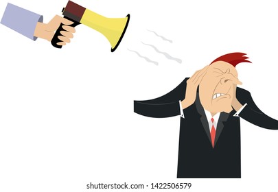 Tired and upset man who puts arms on the head and does not want to hear announcements from megaphone isolated on white illustration