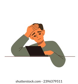 Tired upset man working on a difficult task. Cartoon person in despair with a laptop. An exhausted guy doing hard work online. Vector flat illustration.