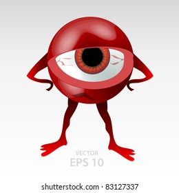 Tired and upset red 3D styled eyeball mascotte, standing and looking at viewer