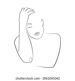 Tired upset woman sits holding her head, line art on white isolated background. Vector illustration