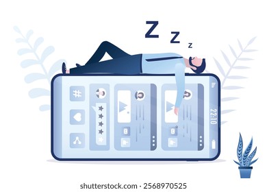 Tired user sleeps on mobile phone with social media on screen. Fatigue, stress and dependence on social networks and Internet. Need digital detox. Burnout, frustration. flat vector illustration