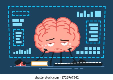 Tired Vector Brain Character Working In Front Of The Computer At Night