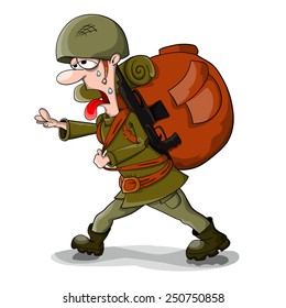 Tired vector cartoon soldier in helmet with big bag