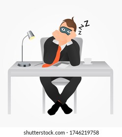 Tired Vector Overworked Businessman. Lazy Worker Sleeping In The Workplace In A Sleep Mask. Bad Manager. Boring Concept. Narcolepsy Problem.