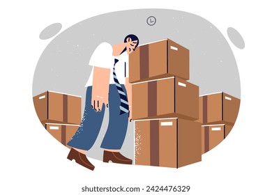 Tired warehouse worker sleeps standing near cardboard boxes, due to problems with logistics and fulfillment of goods. Concept troubles in warehouse business caused by overtime and employee exhaustion