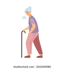 Tired weak elderly woman moving with difficulty and dyspnea, flat vector illustration isolated on white background. Fatigue syndrome of seniors and aging weakness.