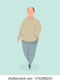 Tired weary fatigue melancholy sad bald man walking. Man experiencing burnout, lowering down head. Private crisis, depression or failure. Flat cartoon vector illustration.