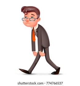 Tired Weary Fatigue Melancholy Sad Businessman Walk Retro Cartoon Design Character Vintage Icon Isolated Vector Illustration