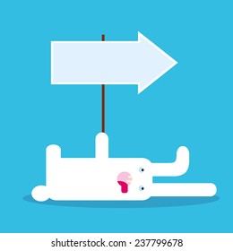 Tired white rabbit lies and shows direction with arrow. Vector