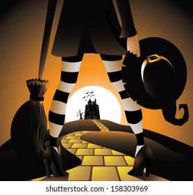 Tired witch headed home Halloween background greeting card design. EPS 10 vector, grouped for easy editing. No open shapes or paths.