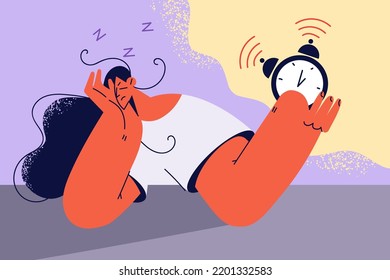 Tired Woman In Bed Turn Off Alarm Ringing. Unhappy Exhausted Female Stressed With Clock Signal In Morning. Vector Illustration. 