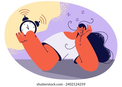 Tired woman in bed turn off alarm ringing. Unhappy exhausted female stressed with clock signal in morning. Vector illustration.