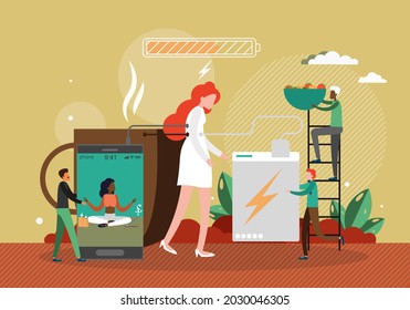 Tired woman being charged with yoga coffee healthy diet like battery with low energy, flat vector illustration. Fatigue.