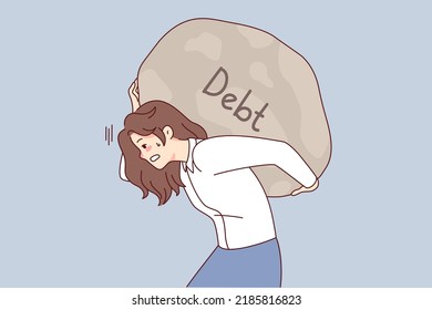 Tired woman carrying huge stone on back suffer from debt or bankruptcy. Exhausted businesswoman hold big boulder on shoulders struggle with financial problems. Vector illustration. 