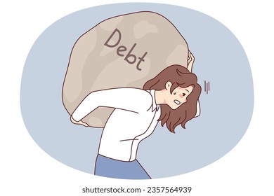 Tired woman carrying huge stone on back suffer from debt or bankruptcy. Exhausted businesswoman hold big boulder on shoulders struggle with financial problems. Vector illustration.