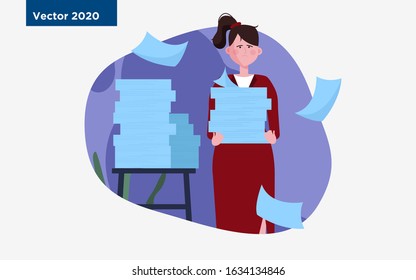 Tired woman carrying stacks of papers. Office employee, accountant, reports flat vector illustration. Documents, overwork, workload concept for banner, website design or landing web page