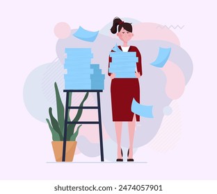 Tired woman carrying stacks of papers. Office employee, accountant, reports flat vector illustration. Documents, overwork, workload concept for banner, website design or landing page