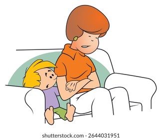 Tired woman with child. Funny people. Illustration concept for website and mobile website development.
