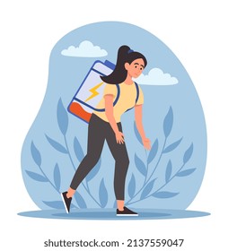 Tired woman concept. Girl with briefcase, woman with low energy. Overworked employee, burnout, stress and panic. Wrong distribution of forces and bored person. Cartoon flat vector illustration