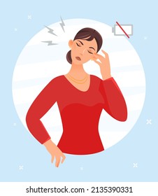 Tired woman concept. Young girl with low energy charge holds her temple. Emotional burnout and overloaded character. Manager or employee. Sad and bored person. Cartoon flat vector illustration