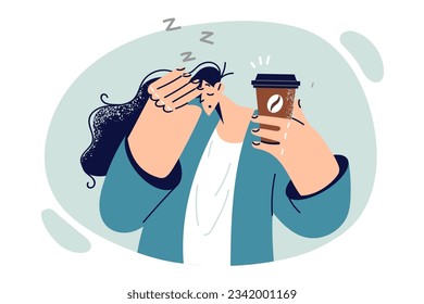 Tired woman drinks coffee to get rid of drowsiness and energize drink containing caffeine or taurine. Sleepy girl makes coffee break wishing to become cheerful and start productive work