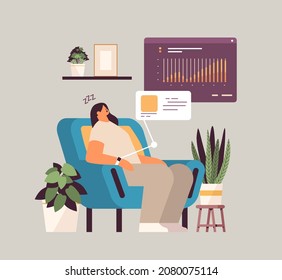 tired woman with electronic smart watch app tracker on hand sleeping in armchair quality and quantity sleep control concept