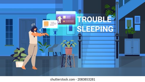 tired woman with electronic smart watch app tracker on hand quality and quantity sleep control concept