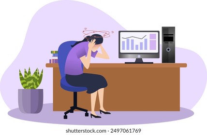 tired woman employee suffer from migraine or headache at office room, dizzy woman suffering headache while working on her computer at home, health problem at work