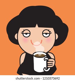 Tired Woman With Empty Eyes Looking At The Camera Having Hot Coffee Concept Card Character illustration