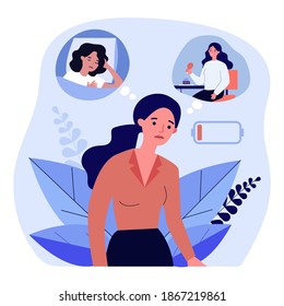 Tired woman feeling low lying level. Out of battery, bad eating and sleeping flat vector illustration. Burnout, unhealthy lifestyle, fatigue concept for banner, website design or landing web page